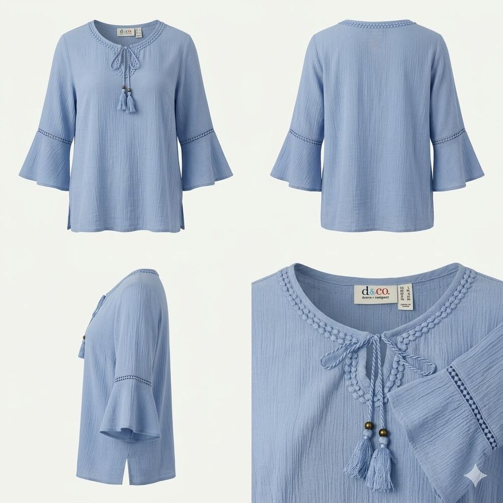 Denim & Co. Boho Crinkle Gauze Bell Sleeve Dot Lace Detail Peasant Top Blue Sz L